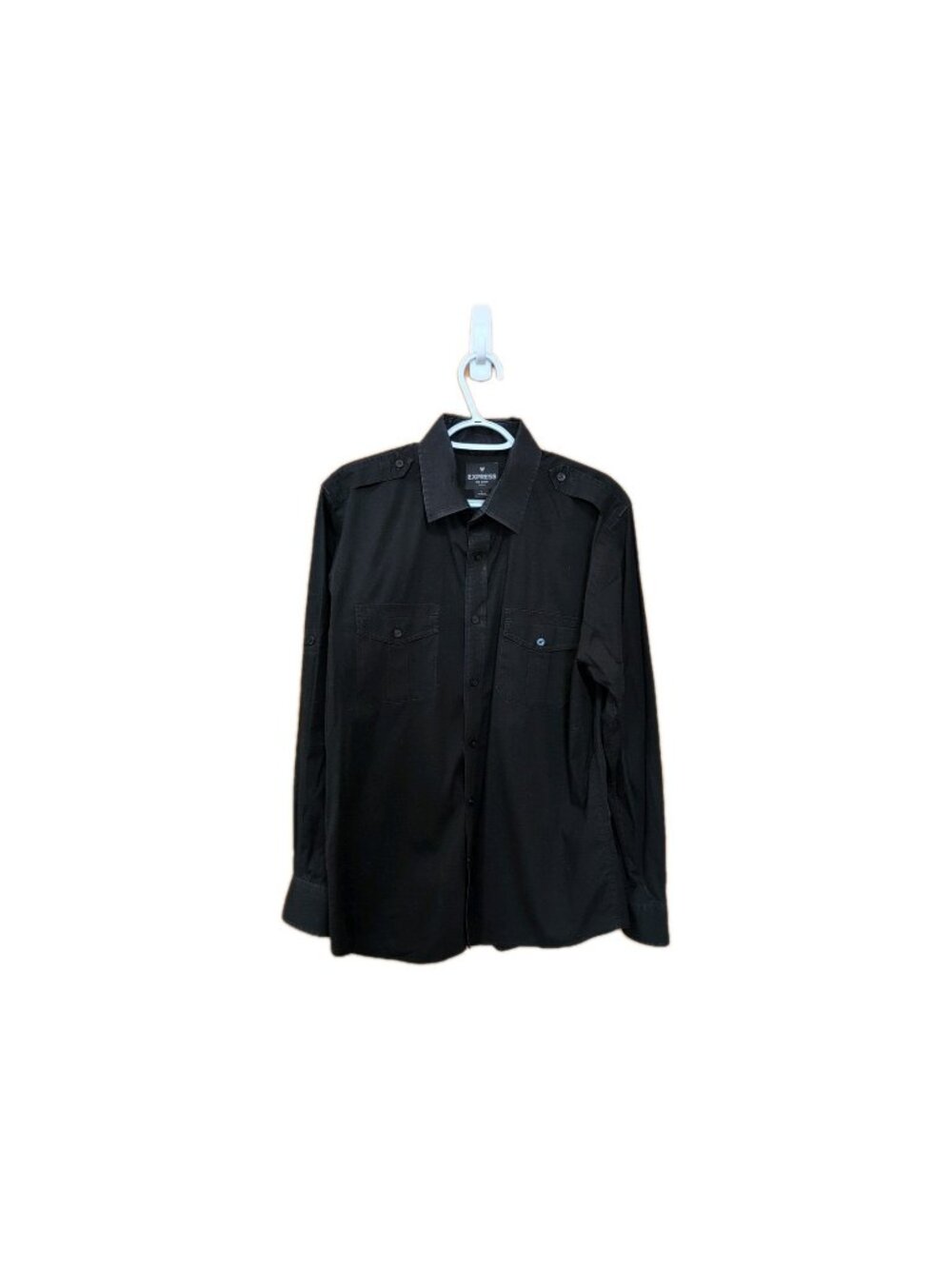Express MK2 Shirt Mens XL 16-16‎ 1/2 Fitted Black Long Sleeve Dress Eppulettes
